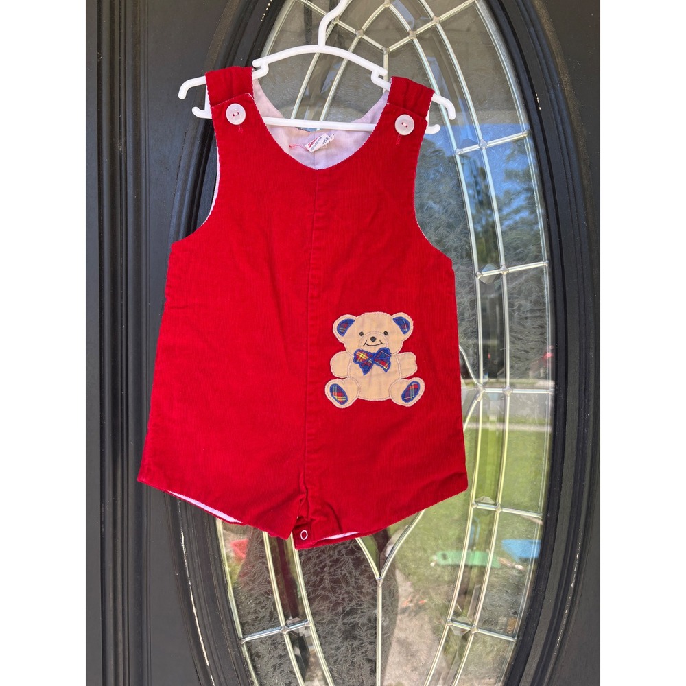 Vintage Samara Red Corduroy Teddy Bear Romper 18M Plaid Accents 7750